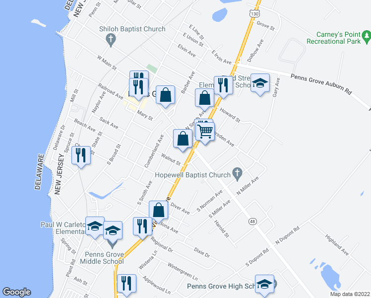 map of restaurants, bars, coffee shops, grocery stores, and more near 130 East Main Street in Penns Grove
