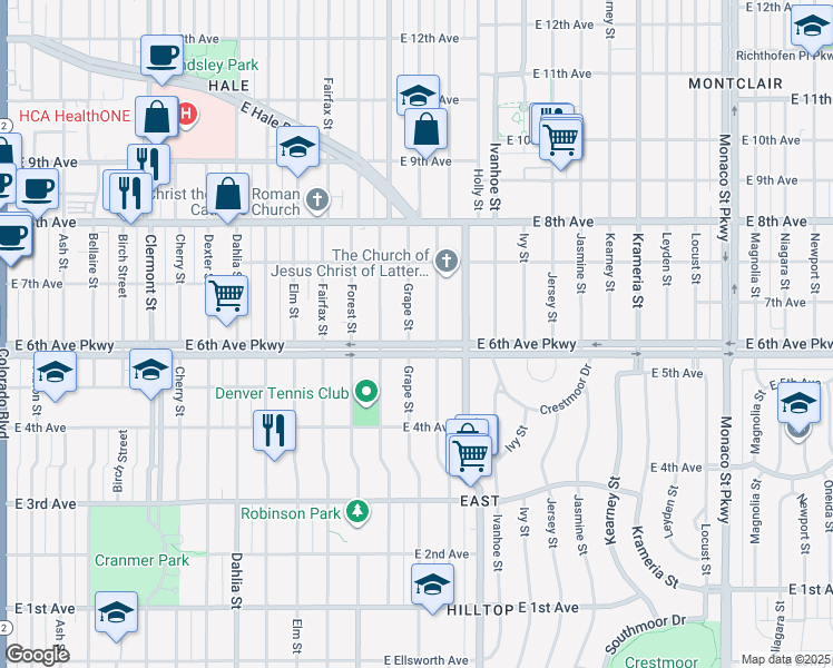 map of restaurants, bars, coffee shops, grocery stores, and more near 5401 East 6th Avenue Parkway in Denver