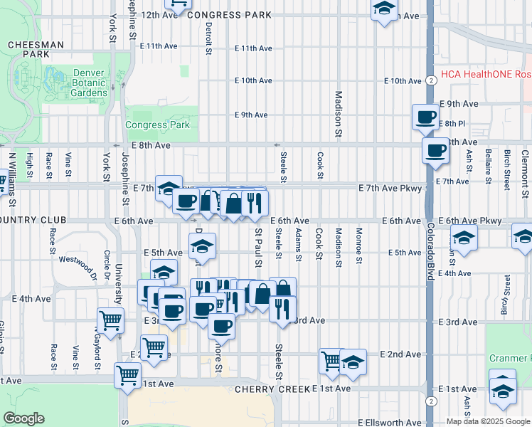 map of restaurants, bars, coffee shops, grocery stores, and more near 612 Saint Paul Street in Denver