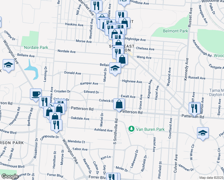 map of restaurants, bars, coffee shops, grocery stores, and more near 1328 Kemper Avenue in Dayton