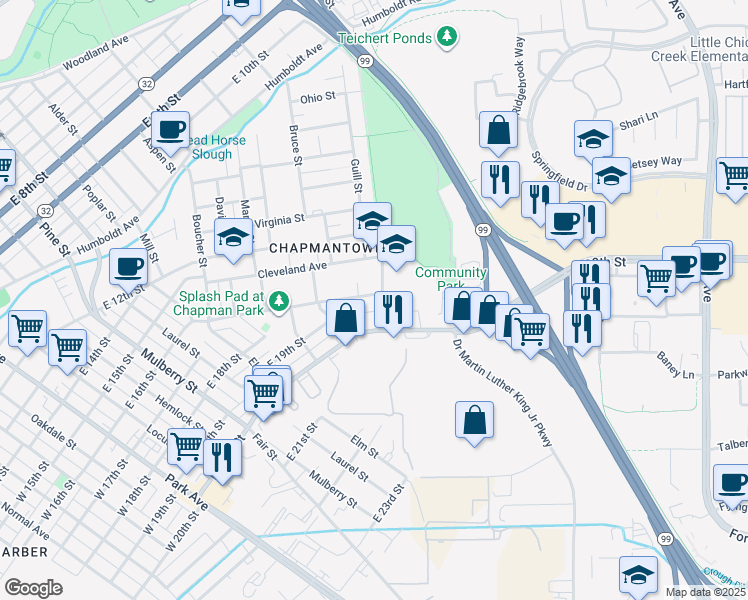 map of restaurants, bars, coffee shops, grocery stores, and more near 999 East 16th Street in Chico