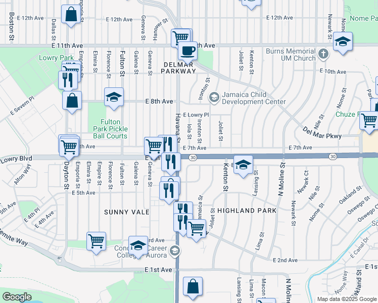 map of restaurants, bars, coffee shops, grocery stores, and more near 10590 East 7th Avenue in Aurora