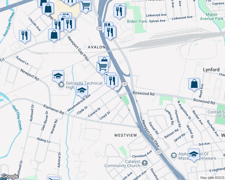 map of restaurants, bars, coffee shops, grocery stores, and more near 1112 Newport Gap Pike in Wilmington