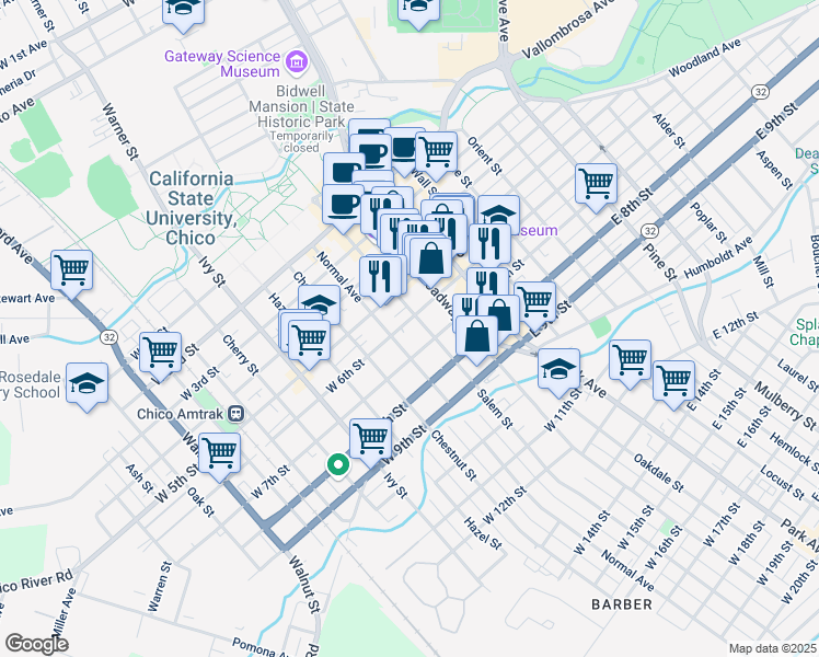 map of restaurants, bars, coffee shops, grocery stores, and more near 628 Salem Street in Chico