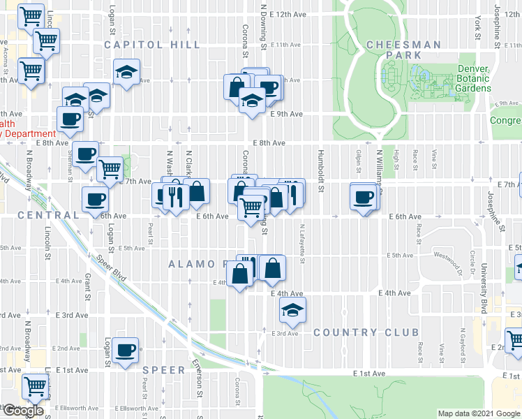 map of restaurants, bars, coffee shops, grocery stores, and more near 621 North Downing Street in Denver