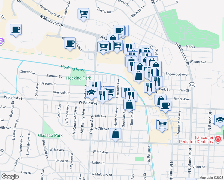 map of restaurants, bars, coffee shops, grocery stores, and more near 950 Washington Ave in Lancaster