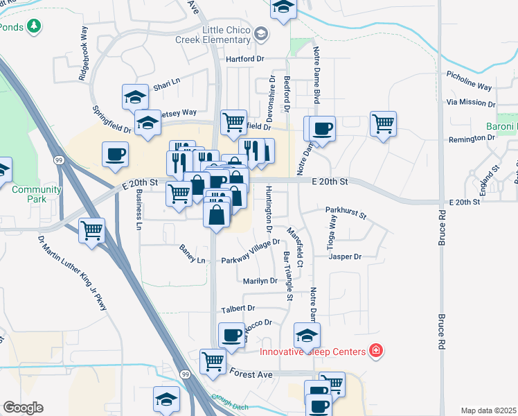 map of restaurants, bars, coffee shops, grocery stores, and more near 4 Westminster Court in Chico