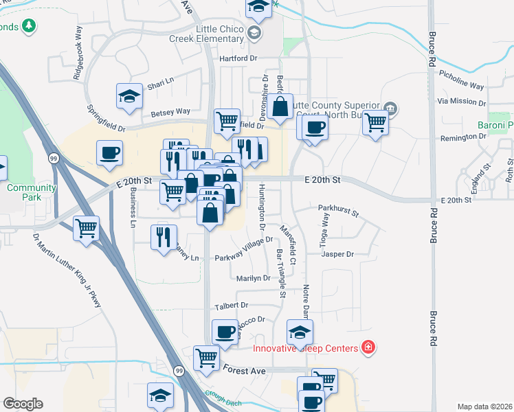 map of restaurants, bars, coffee shops, grocery stores, and more near 2033 Huntington Drive in Chico