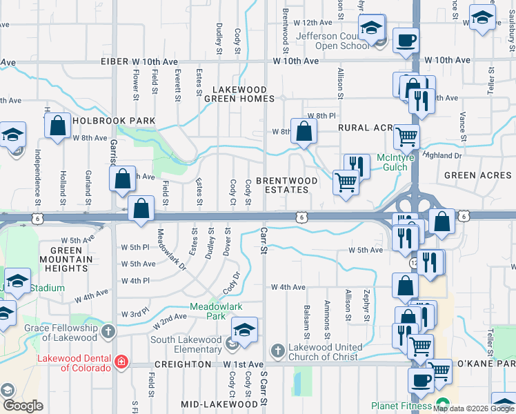map of restaurants, bars, coffee shops, grocery stores, and more near 8401 West 6th Avenue in Lakewood