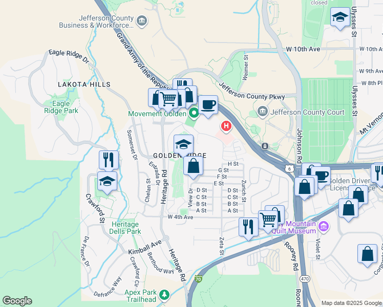 map of restaurants, bars, coffee shops, grocery stores, and more near 705 Golden Circle in Golden