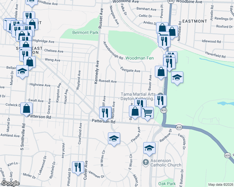 map of restaurants, bars, coffee shops, grocery stores, and more near 1532 Norton Ave in Dayton