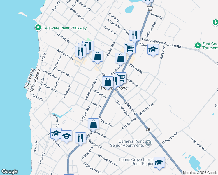 map of restaurants, bars, coffee shops, grocery stores, and more near 130 East Main Street in Penns Grove