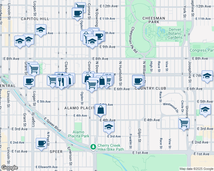 map of restaurants, bars, coffee shops, grocery stores, and more near 620 North Marion Street in Denver