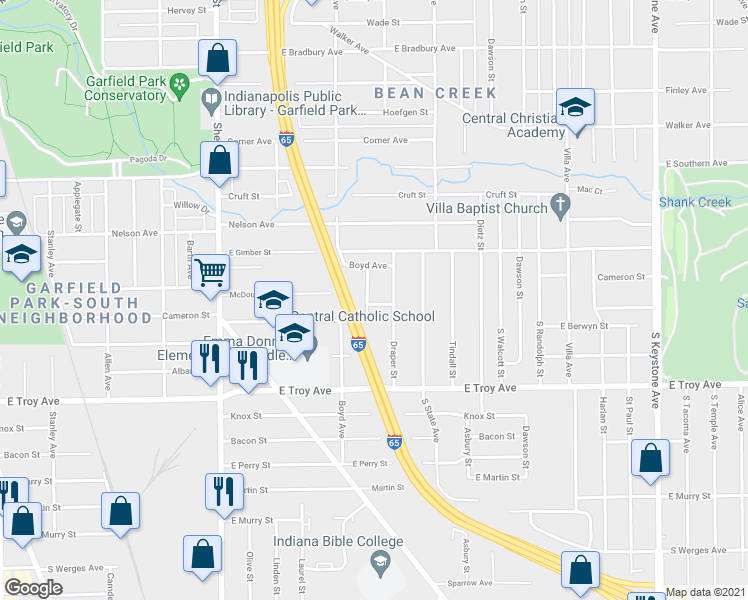 map of restaurants, bars, coffee shops, grocery stores, and more near 2837 Spruce Street in Indianapolis