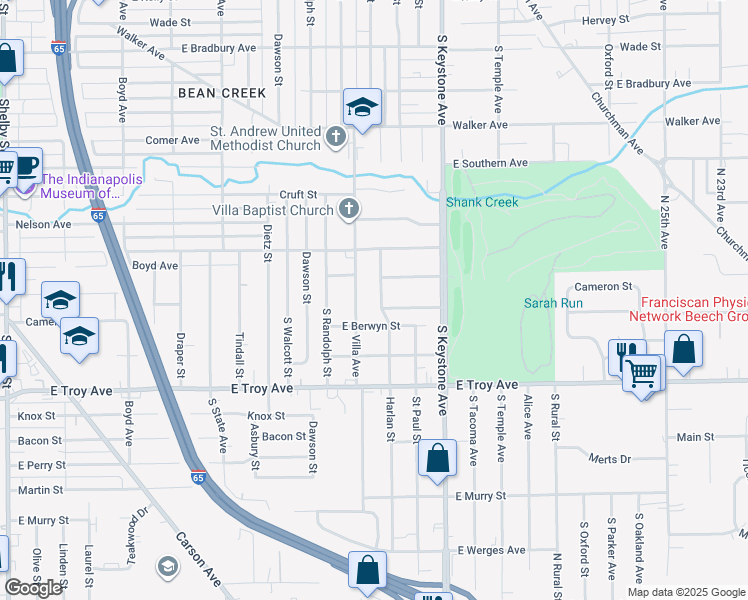 map of restaurants, bars, coffee shops, grocery stores, and more near 2828 Harlan St in Indianapolis
