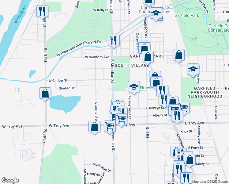 map of restaurants, bars, coffee shops, grocery stores, and more near 2829 South Meridian Street in Indianapolis