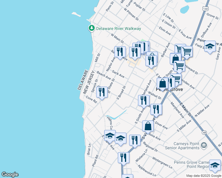 map of restaurants, bars, coffee shops, grocery stores, and more near 125 State St in Penns Grove