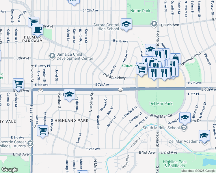 map of restaurants, bars, coffee shops, grocery stores, and more near 11642 East 7th Avenue in Aurora