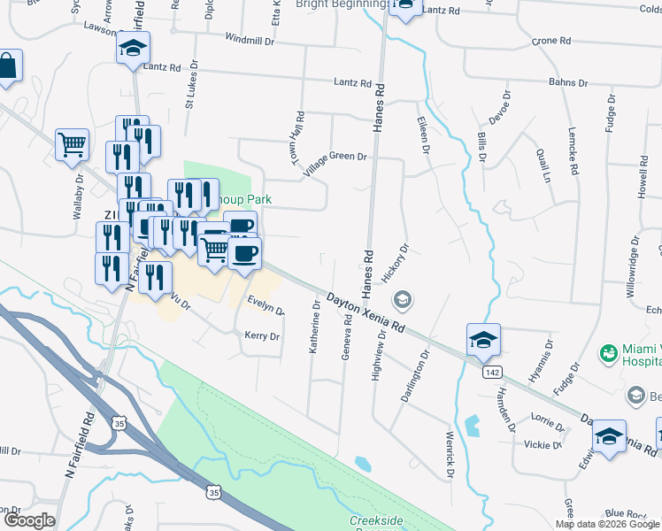 map of restaurants, bars, coffee shops, grocery stores, and more near 3044 Dayton Xenia Road in Beavercreek
