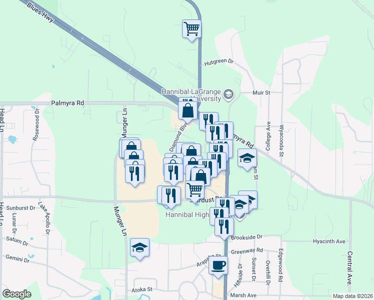 map of restaurants, bars, coffee shops, grocery stores, and more near 3070 Holman Drive in Hannibal