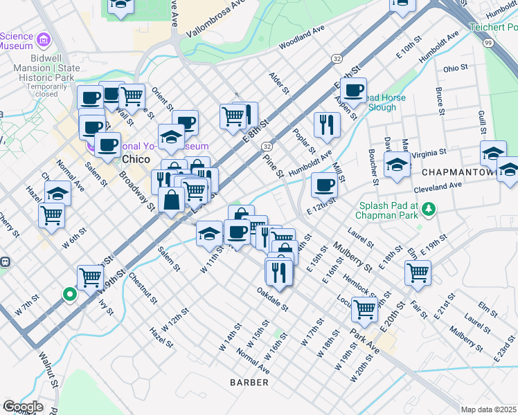 map of restaurants, bars, coffee shops, grocery stores, and more near 1095 Nelson Street in Chico