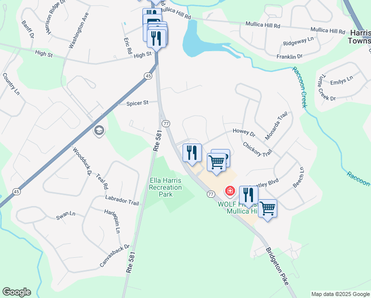 map of restaurants, bars, coffee shops, grocery stores, and more near 123 Bridgeton Pike in Harrison Township
