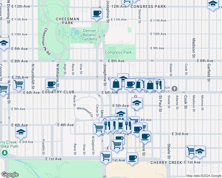 map of restaurants, bars, coffee shops, grocery stores, and more near 615 Columbine Street in Denver