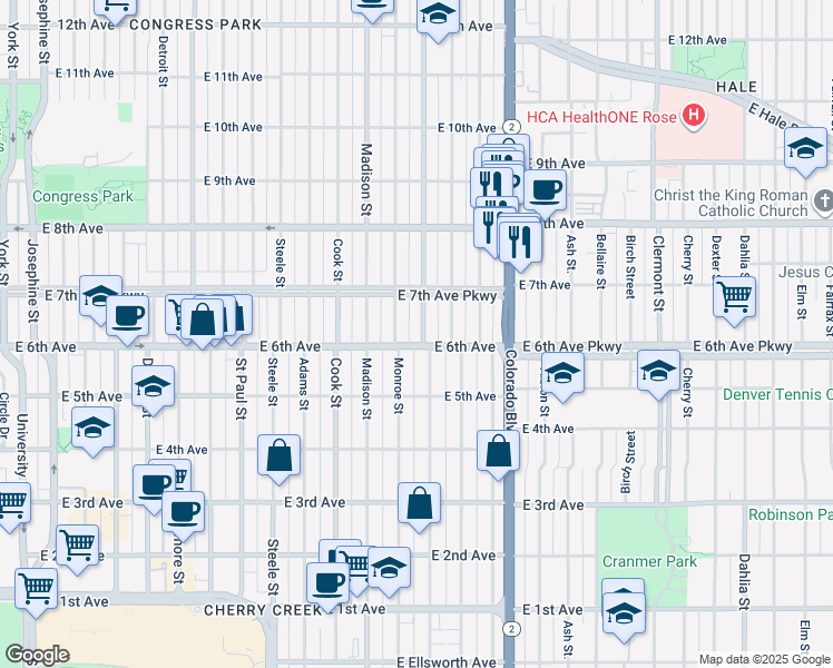 map of restaurants, bars, coffee shops, grocery stores, and more near 615 Garfield Street in Denver