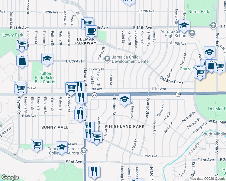 map of restaurants, bars, coffee shops, grocery stores, and more near 10936 East 7th Avenue in Aurora