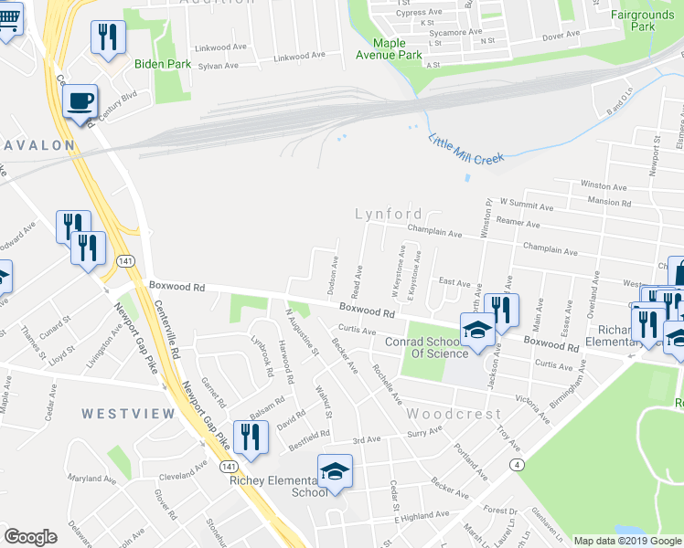 map of restaurants, bars, coffee shops, grocery stores, and more near 24 Dodson Avenue in Wilmington