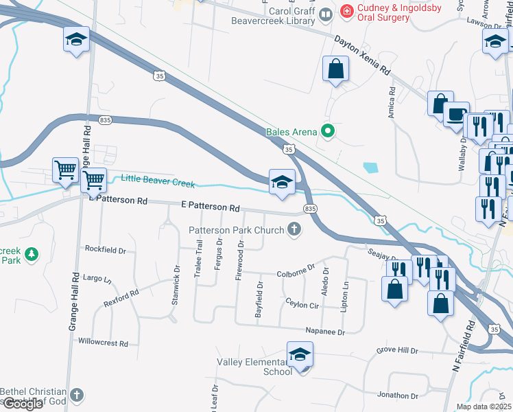 map of restaurants, bars, coffee shops, grocery stores, and more near 3712 East Patterson Road in Beavercreek