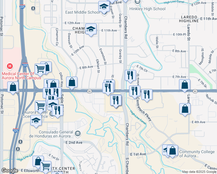 map of restaurants, bars, coffee shops, grocery stores, and more near 601 Fraser Street in Aurora