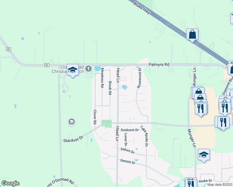 map of restaurants, bars, coffee shops, grocery stores, and more near 711 Head Lane in Hannibal