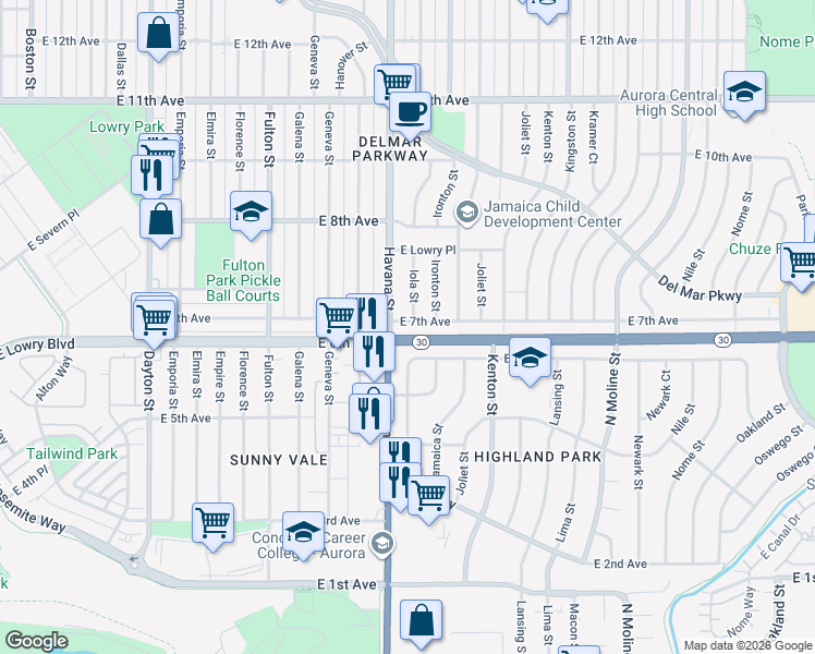 map of restaurants, bars, coffee shops, grocery stores, and more near 10590 East 7th Avenue in Aurora