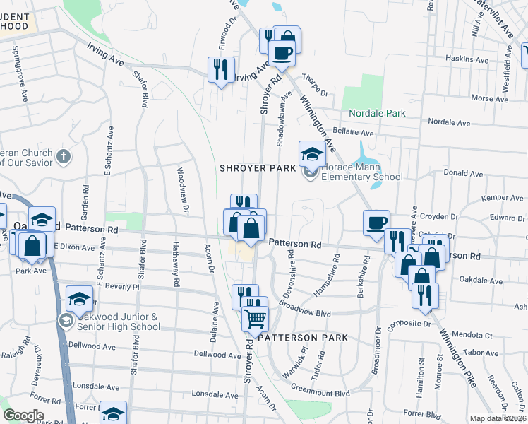 map of restaurants, bars, coffee shops, grocery stores, and more near 576 Shroyer Road in Kettering