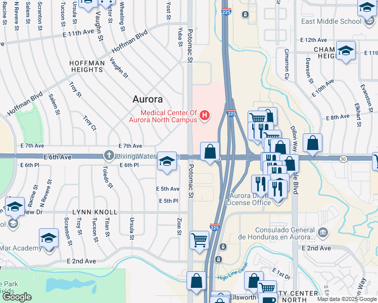 map of restaurants, bars, coffee shops, grocery stores, and more near in Aurora