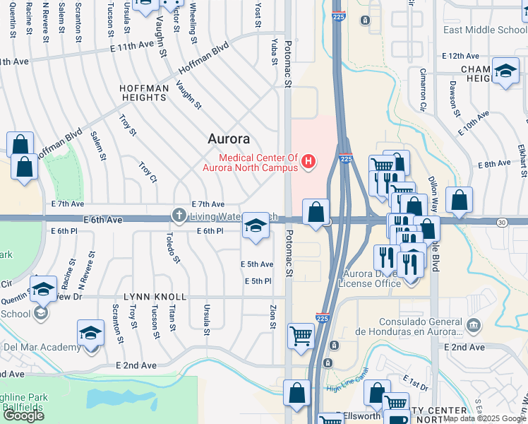 map of restaurants, bars, coffee shops, grocery stores, and more near 621 Potomac Street in Aurora