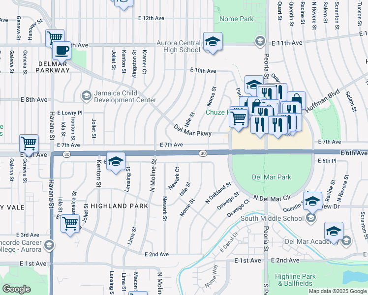 map of restaurants, bars, coffee shops, grocery stores, and more near 11642 East 7th Avenue in Aurora