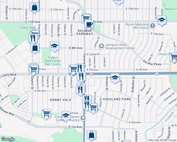 map of restaurants, bars, coffee shops, grocery stores, and more near 10590 East 7th Avenue in Aurora