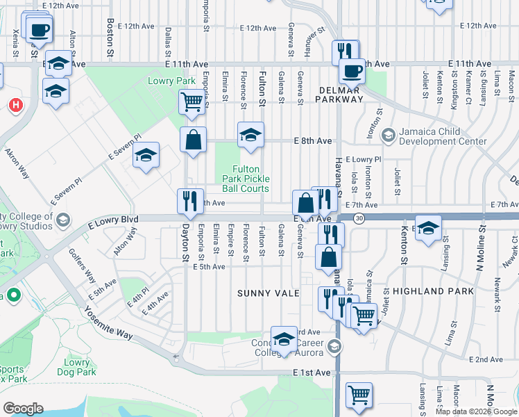 map of restaurants, bars, coffee shops, grocery stores, and more near 10064 East 7th Avenue in Aurora
