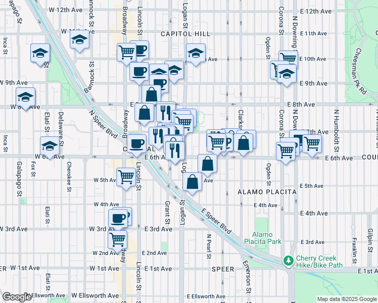 map of restaurants, bars, coffee shops, grocery stores, and more near in Denver