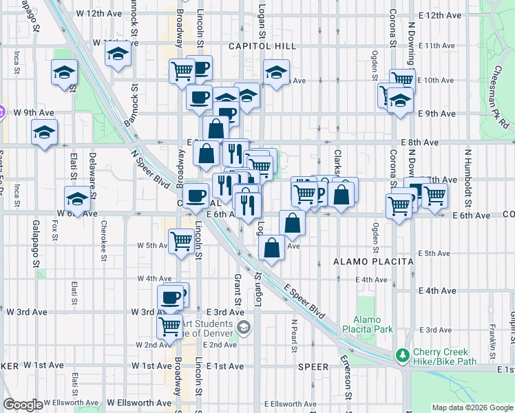map of restaurants, bars, coffee shops, grocery stores, and more near in Denver