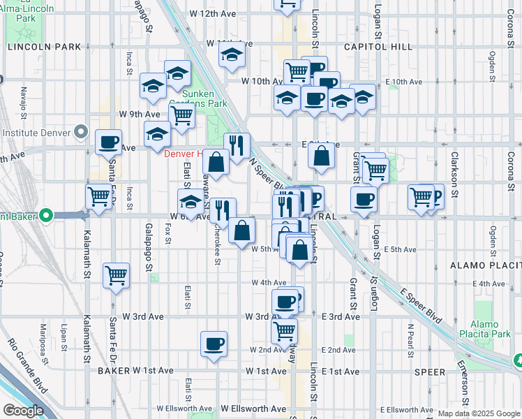 map of restaurants, bars, coffee shops, grocery stores, and more near 667 Bannock Street in Denver