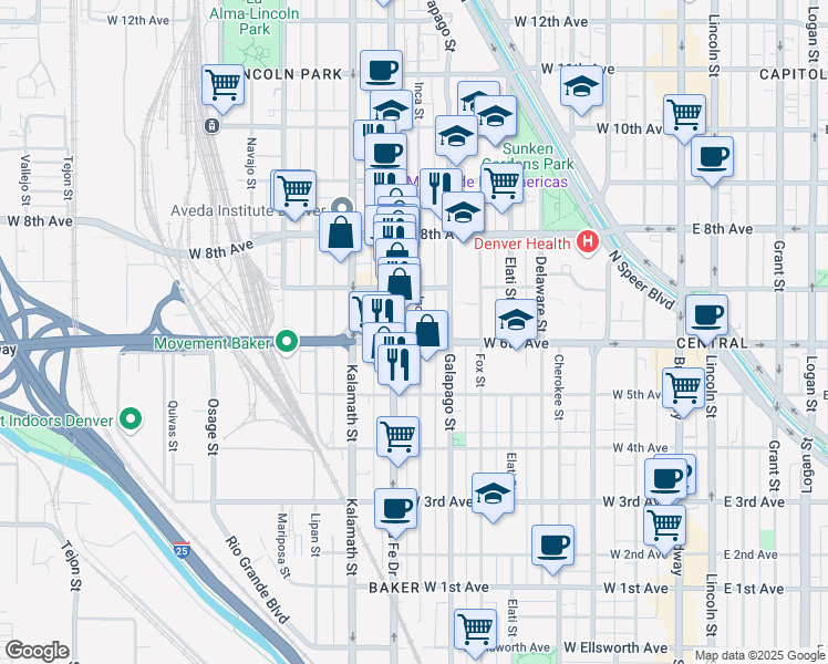 map of restaurants, bars, coffee shops, grocery stores, and more near in Denver