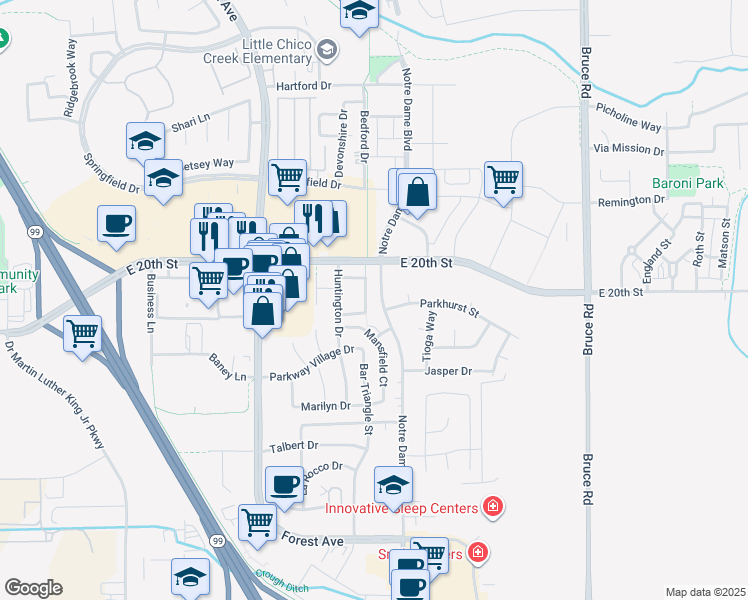 map of restaurants, bars, coffee shops, grocery stores, and more near 2090 Notre Dame Boulevard in Chico