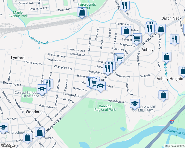 map of restaurants, bars, coffee shops, grocery stores, and more near 24 Champlain Avenue in Wilmington