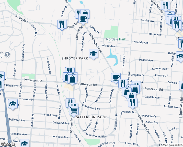map of restaurants, bars, coffee shops, grocery stores, and more near 99 Patterson Village Drive in Dayton