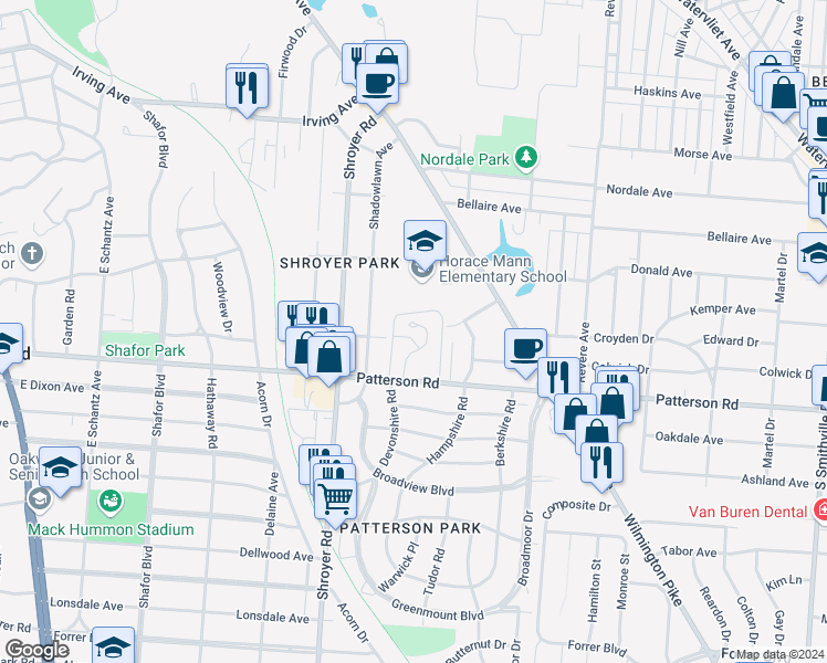 map of restaurants, bars, coffee shops, grocery stores, and more near 99 Patterson Village Drive in Dayton