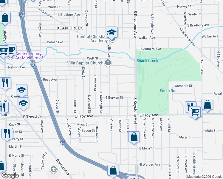 map of restaurants, bars, coffee shops, grocery stores, and more near 2828 Harlan Street in Indianapolis