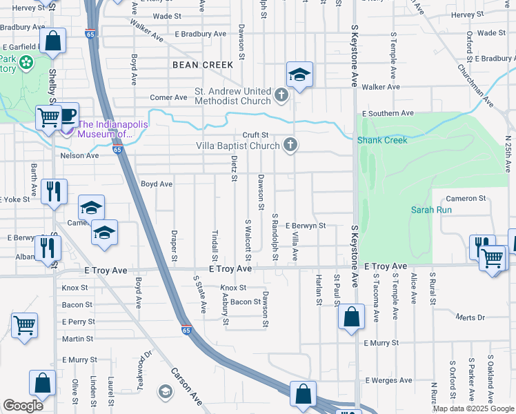 map of restaurants, bars, coffee shops, grocery stores, and more near 2826 Dawson Street in Indianapolis